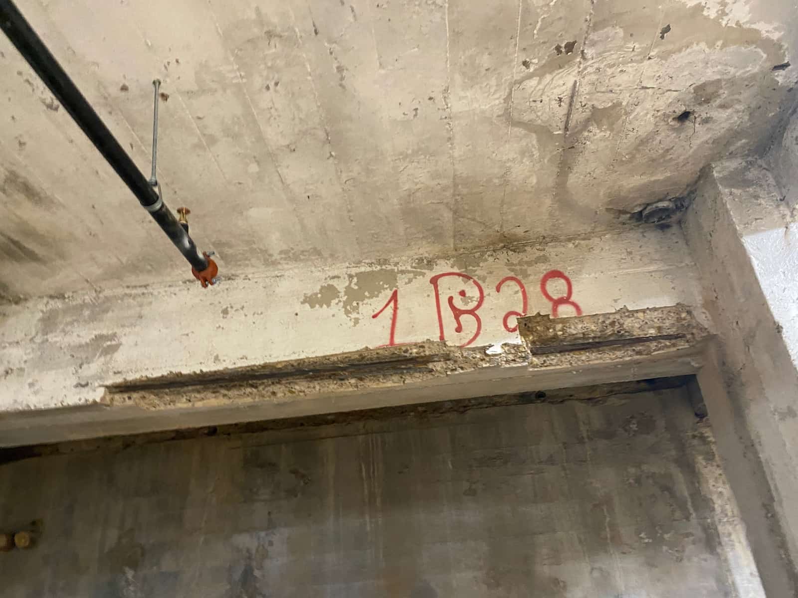 Concrete beam with a long spalled soffit and exposed bar.