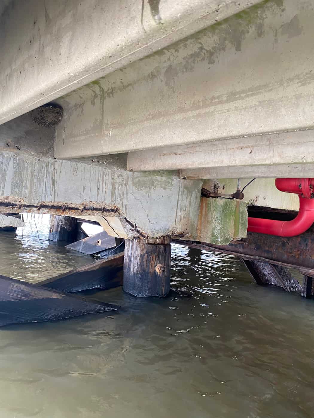 Pile cap and timber piles under a dock deck with a red pipe.
