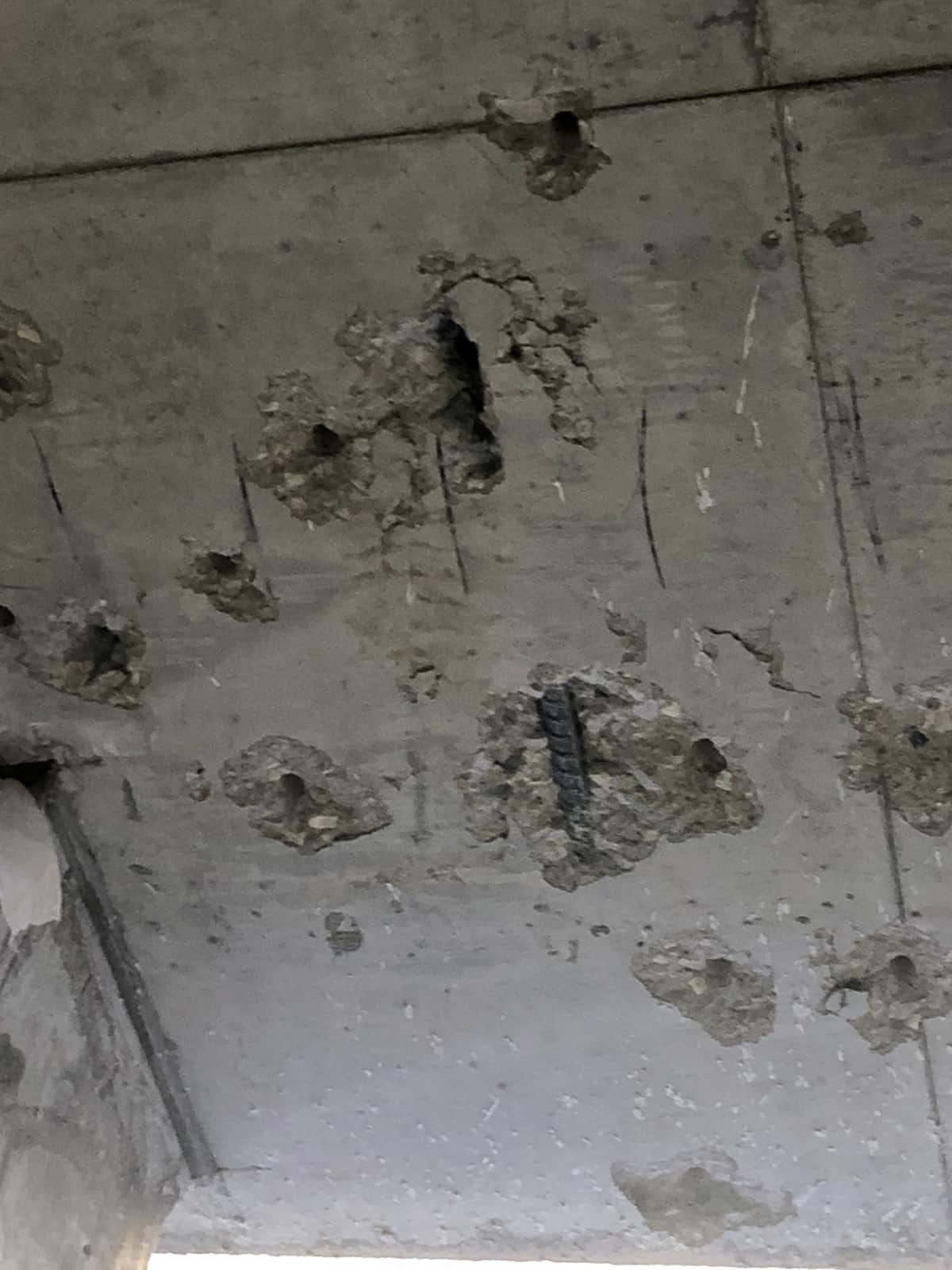 Chipped pockets in a concrete slab soffit exposing dark bar segments.